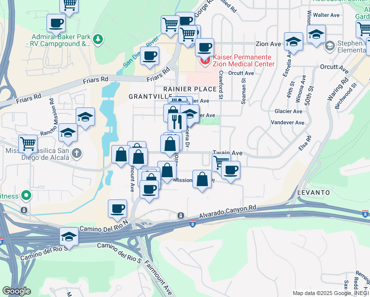 map of restaurants, bars, coffee shops, grocery stores, and more near 6115 Mission Gorge Road in San Diego