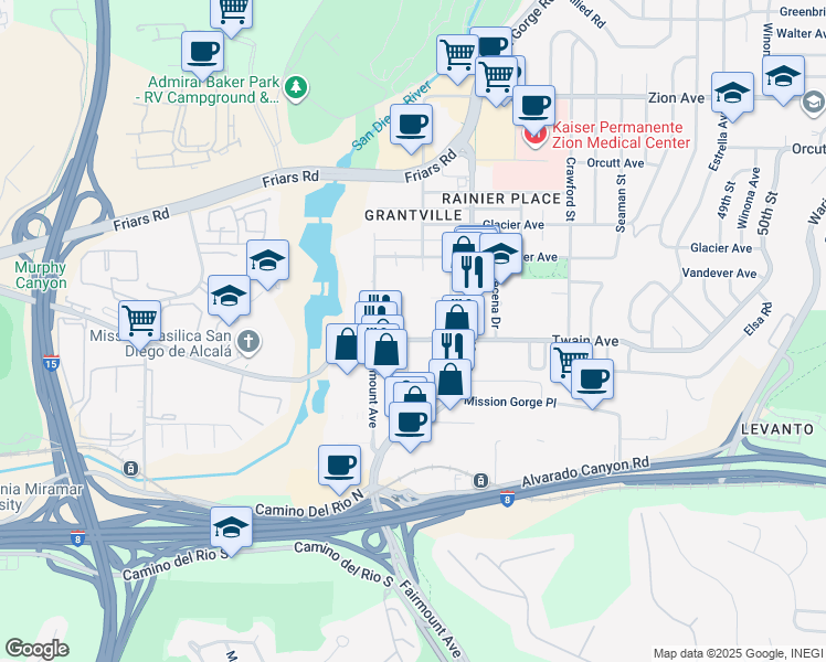 map of restaurants, bars, coffee shops, grocery stores, and more near 6127 Fairmount Avenue in San Diego