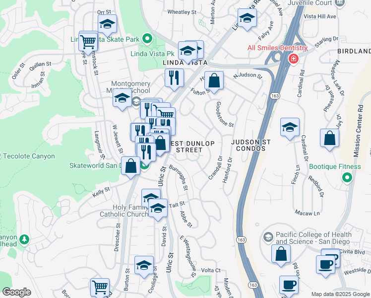 map of restaurants, bars, coffee shops, grocery stores, and more near 2282 West Dunlop Street in San Diego