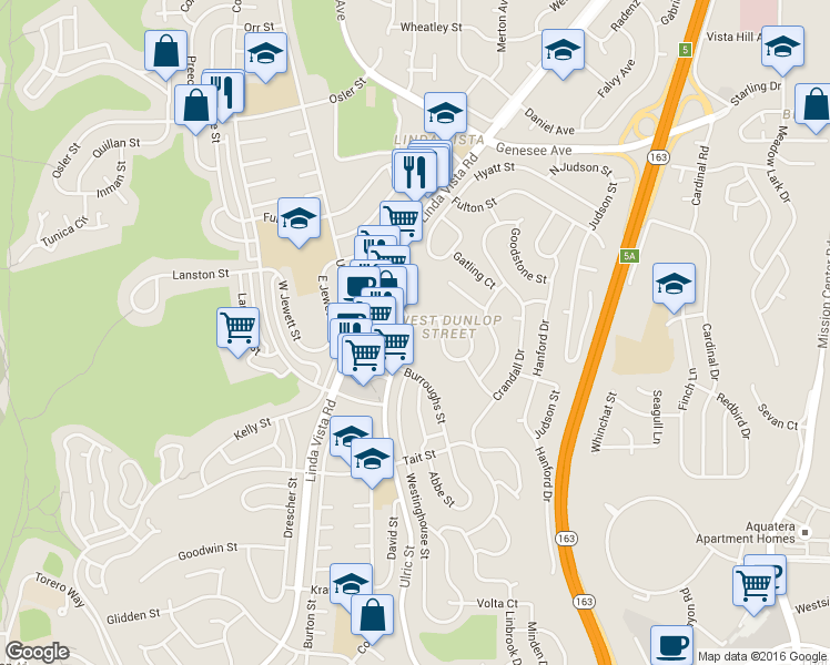 map of restaurants, bars, coffee shops, grocery stores, and more near 2282 West Dunlop Street in San Diego
