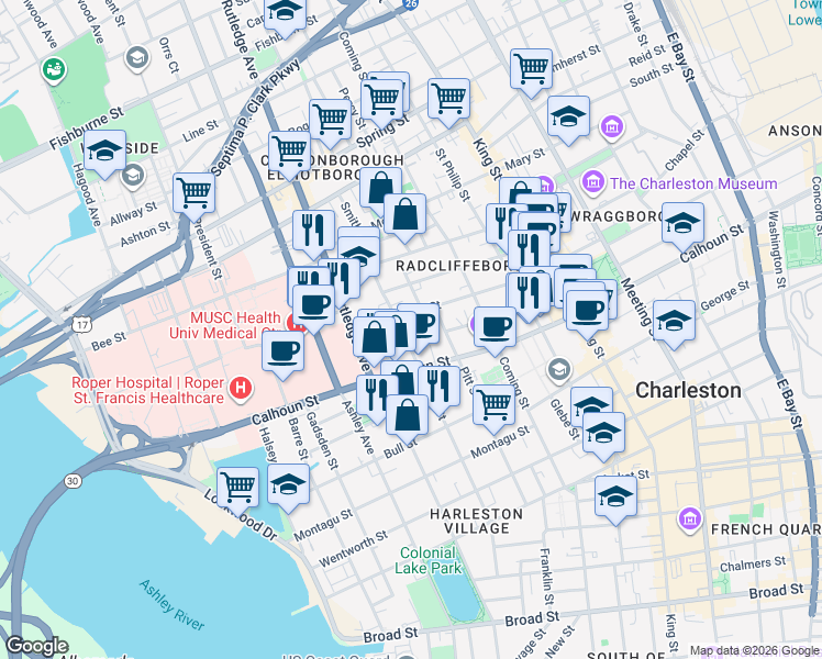 map of restaurants, bars, coffee shops, grocery stores, and more near 6 Murphy Court in Charleston