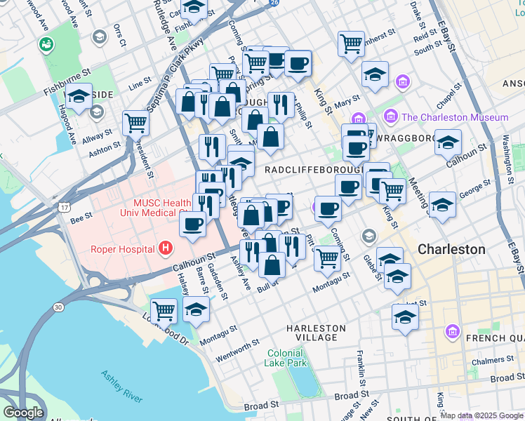 map of restaurants, bars, coffee shops, grocery stores, and more near 73 Vanderhorst Street in Charleston