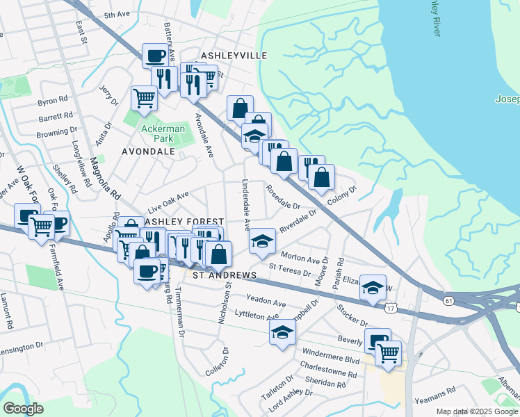 map of restaurants, bars, coffee shops, grocery stores, and more near 7 Stratford Road in Charleston