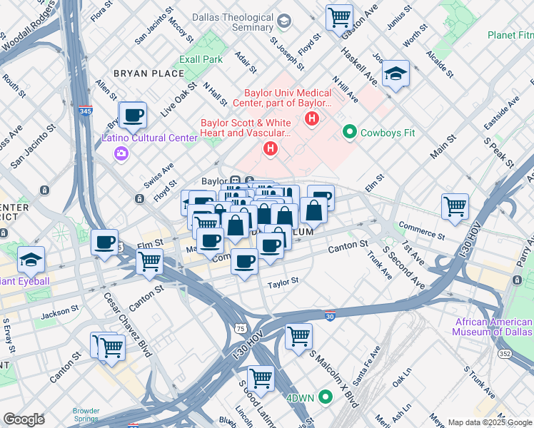 map of restaurants, bars, coffee shops, grocery stores, and more near 300 North Walton Street in Dallas