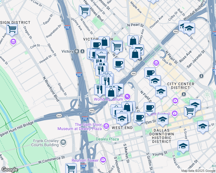 map of restaurants, bars, coffee shops, grocery stores, and more near 2401 North Houston Street in Dallas