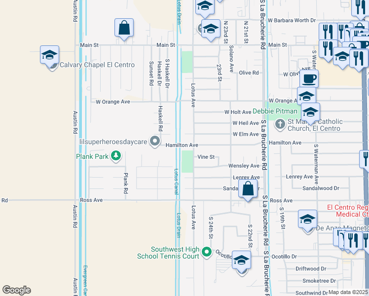 map of restaurants, bars, coffee shops, grocery stores, and more near 2575 Hamilton Avenue in El Centro
