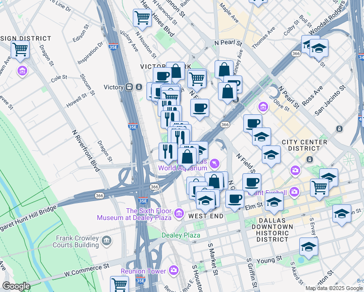 map of restaurants, bars, coffee shops, grocery stores, and more near 2401 North Houston Street in Dallas