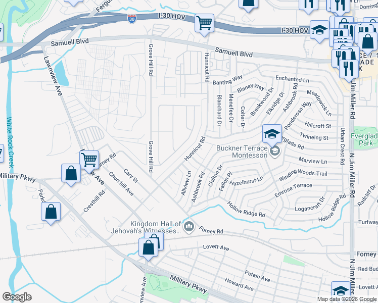 map of restaurants, bars, coffee shops, grocery stores, and more near 7107 Hunnicut Rd in Dallas