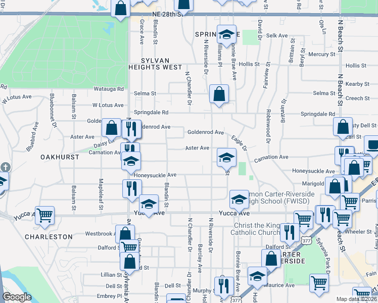 map of restaurants, bars, coffee shops, grocery stores, and more near 3004 Aster Ave in Fort Worth