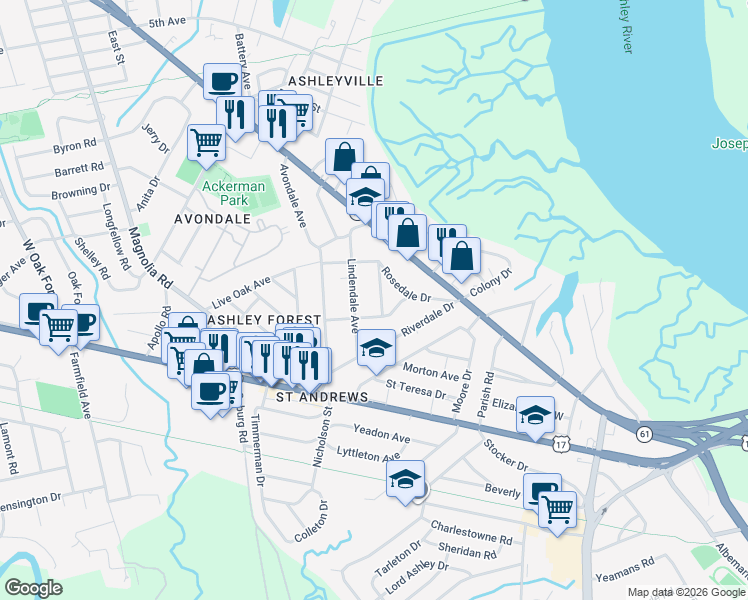 map of restaurants, bars, coffee shops, grocery stores, and more near 7 Stratford Road in Charleston