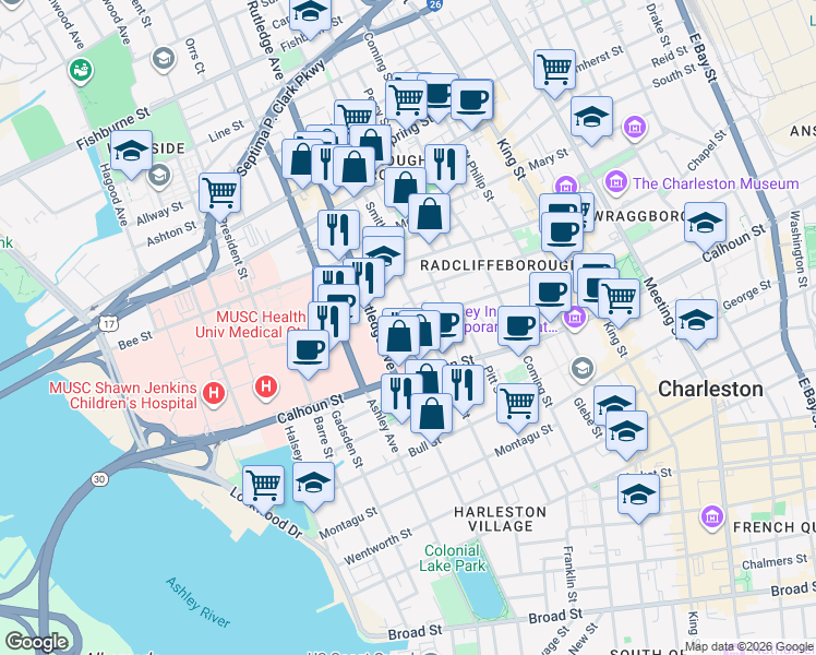 map of restaurants, bars, coffee shops, grocery stores, and more near 73 Vanderhorst Street in Charleston