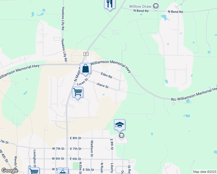 map of restaurants, bars, coffee shops, grocery stores, and more near 229 Joyce Street in Weatherford