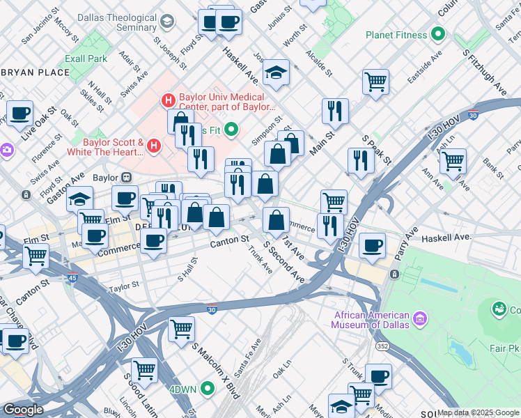 map of restaurants, bars, coffee shops, grocery stores, and more near 3500 Commerce Street in Dallas