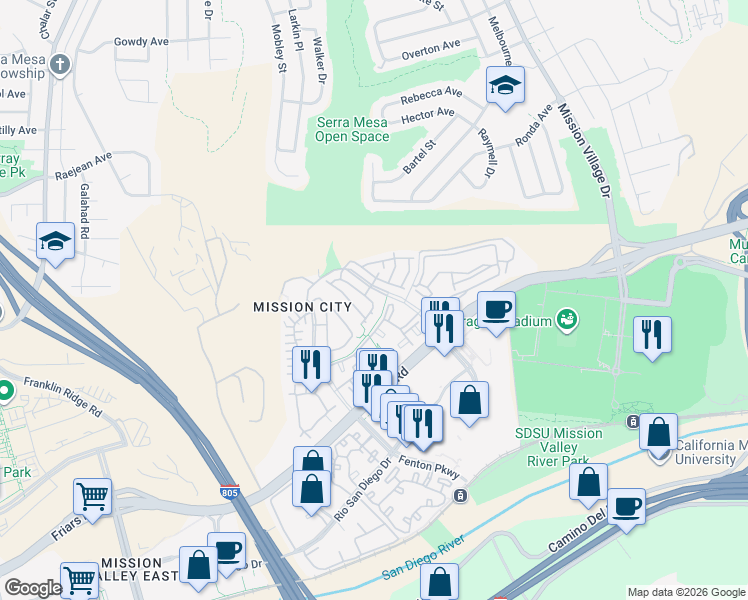 map of restaurants, bars, coffee shops, grocery stores, and more near 2712 Matera Lane in San Diego