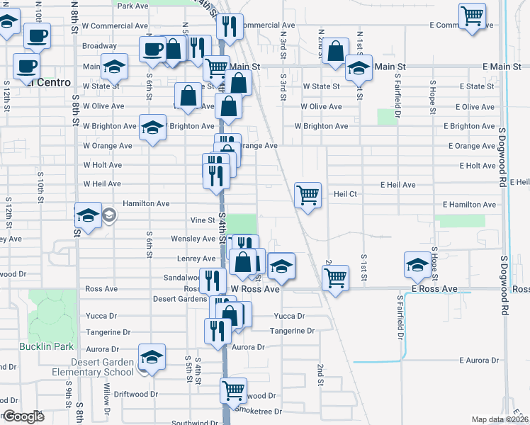 map of restaurants, bars, coffee shops, grocery stores, and more near 261 1/2 Hamilton Avenue in El Centro