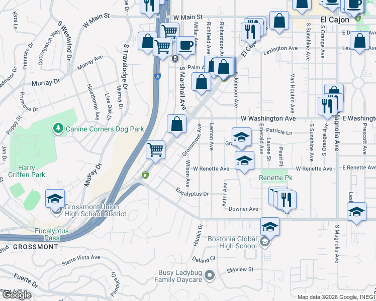 map of restaurants, bars, coffee shops, grocery stores, and more near 793 Grossmont Avenue in El Cajon