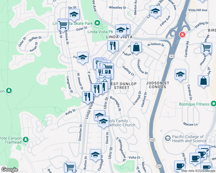 map of restaurants, bars, coffee shops, grocery stores, and more near 6941 Linda Vista Road in San Diego