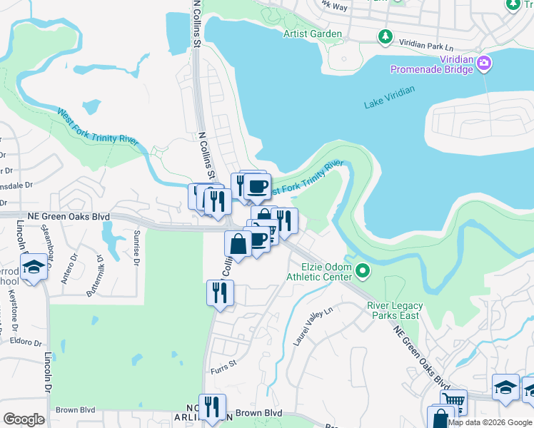 map of restaurants, bars, coffee shops, grocery stores, and more near 2810 Turnberry Drive in Arlington