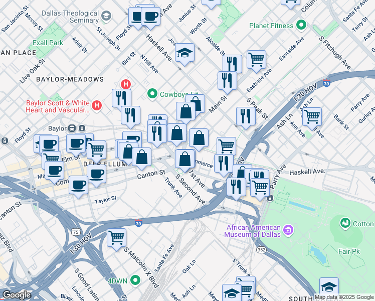 map of restaurants, bars, coffee shops, grocery stores, and more near 3817 South Pacific Avenue in Dallas