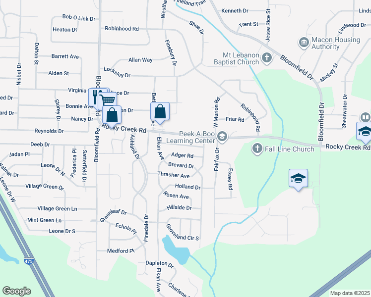 map of restaurants, bars, coffee shops, grocery stores, and more near 2436 Vivian Dr in Macon