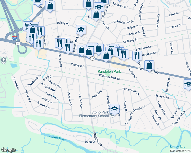 map of restaurants, bars, coffee shops, grocery stores, and more near 1735 Pinckney Park Drive in Charleston