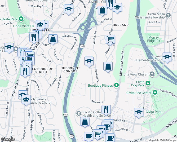 map of restaurants, bars, coffee shops, grocery stores, and more near 7685 Bobolink Way in San Diego