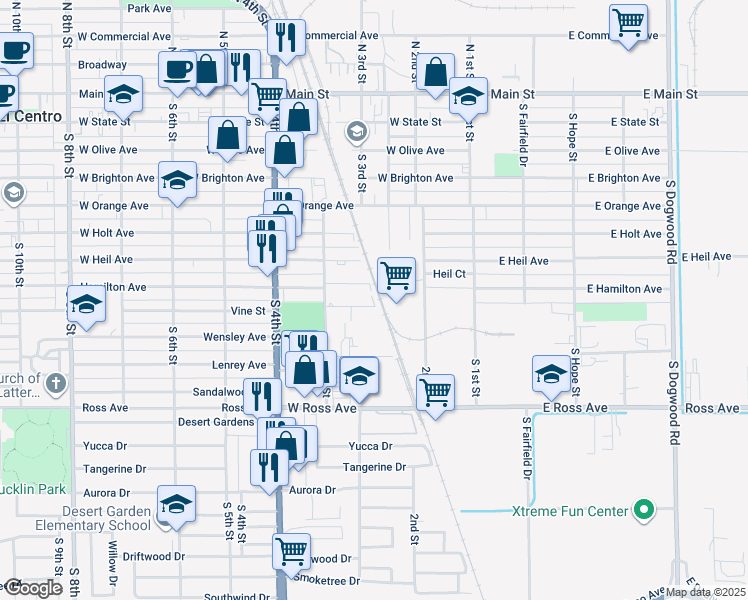 map of restaurants, bars, coffee shops, grocery stores, and more near 202 Maple Avenue in El Centro