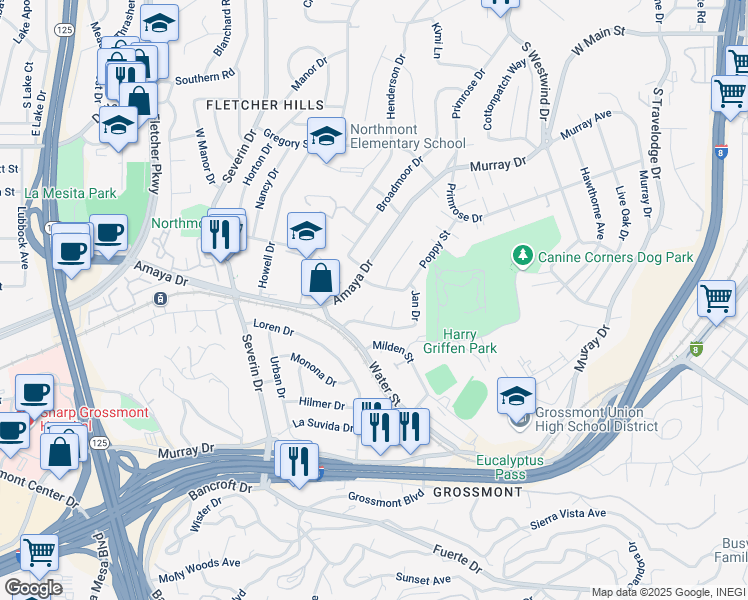 map of restaurants, bars, coffee shops, grocery stores, and more near 5850 Gregg Court in La Mesa