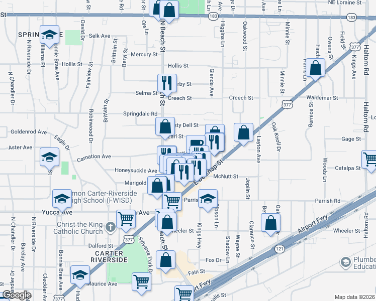map of restaurants, bars, coffee shops, grocery stores, and more near 4001 Carnation Avenue in Haltom City