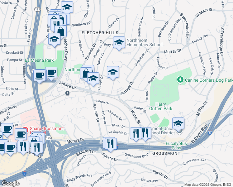map of restaurants, bars, coffee shops, grocery stores, and more near 5810 Amaya Drive in La Mesa