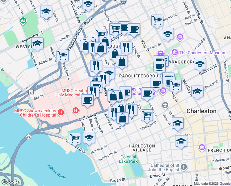 map of restaurants, bars, coffee shops, grocery stores, and more near 73 Vanderhorst Street in Charleston