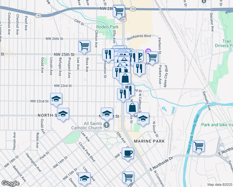 map of restaurants, bars, coffee shops, grocery stores, and more near 2212 Ellis Avenue in Fort Worth