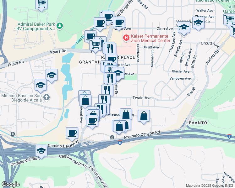 map of restaurants, bars, coffee shops, grocery stores, and more near 6117 Decena Drive in San Diego