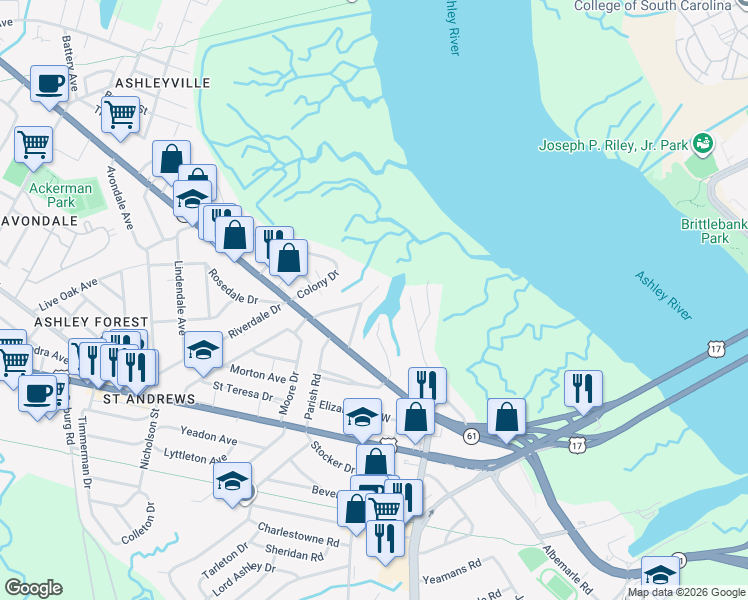 map of restaurants, bars, coffee shops, grocery stores, and more near 834 Sheldon Road in Charleston