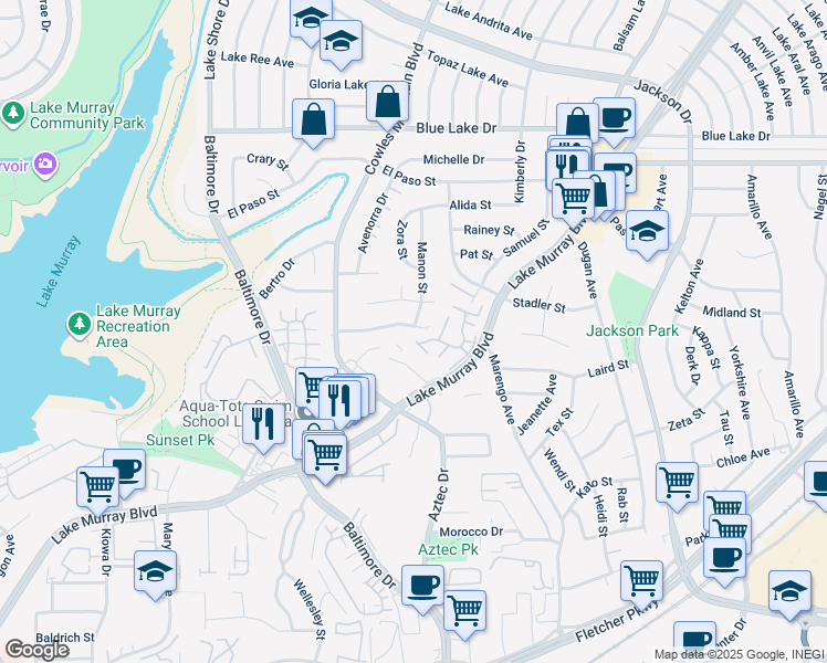 map of restaurants, bars, coffee shops, grocery stores, and more near 7845 Tanglerod Lane in La Mesa