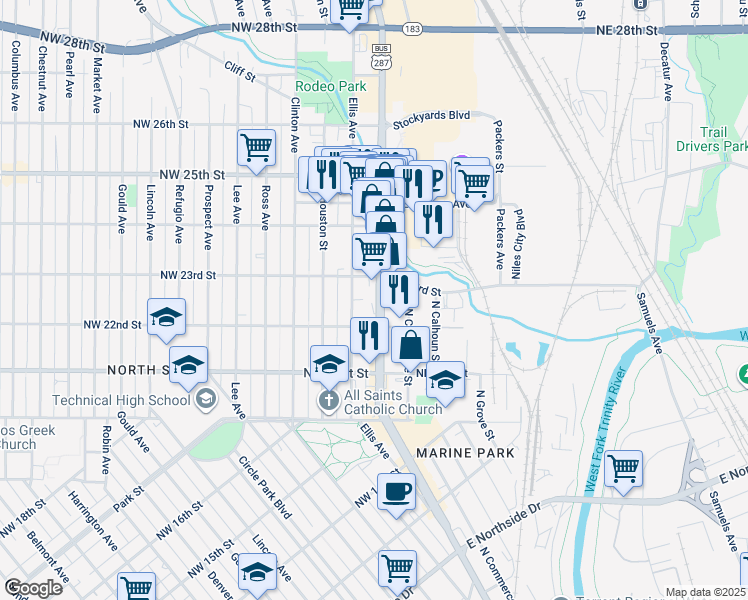 map of restaurants, bars, coffee shops, grocery stores, and more near 2212 Ellis Avenue in Fort Worth