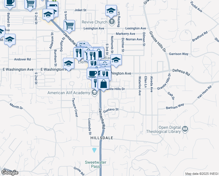 map of restaurants, bars, coffee shops, grocery stores, and more near 1506 Granite Hills Drive in El Cajon