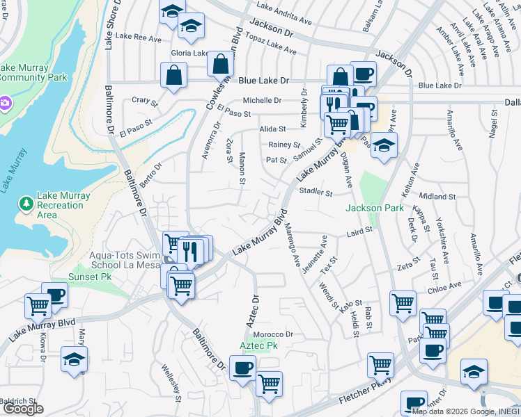 map of restaurants, bars, coffee shops, grocery stores, and more near 7885 Tanglerod Lane in La Mesa