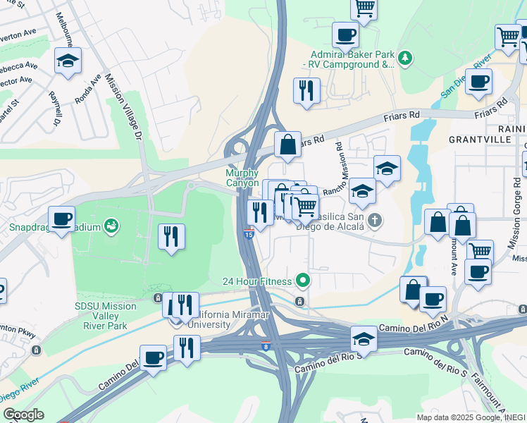 map of restaurants, bars, coffee shops, grocery stores, and more near 10379 San Diego Mission Road in San Diego