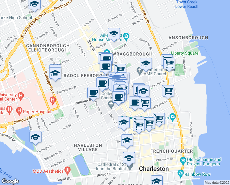 map of restaurants, bars, coffee shops, grocery stores, and more near 379 King Street in Charleston