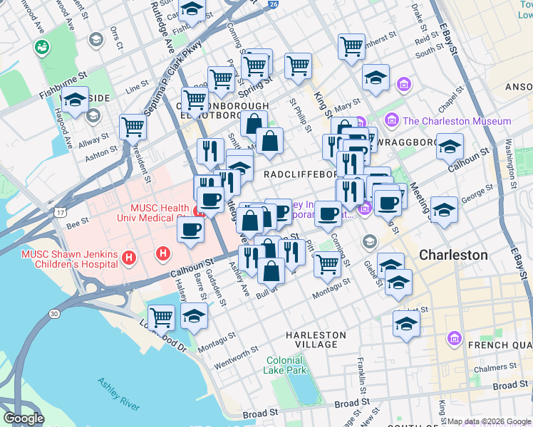 map of restaurants, bars, coffee shops, grocery stores, and more near 6 Murphy Court in Charleston