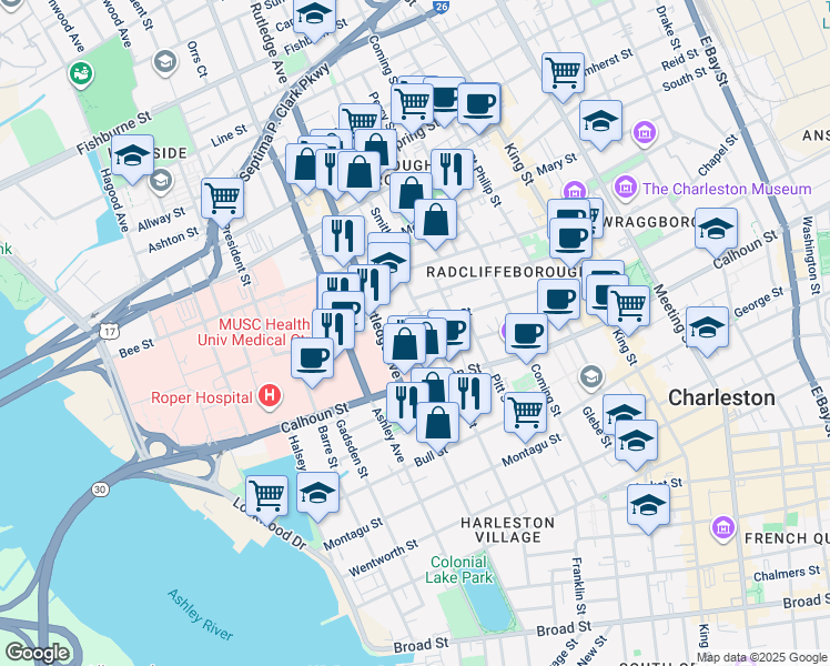 map of restaurants, bars, coffee shops, grocery stores, and more near 73 Vanderhorst Street in Charleston