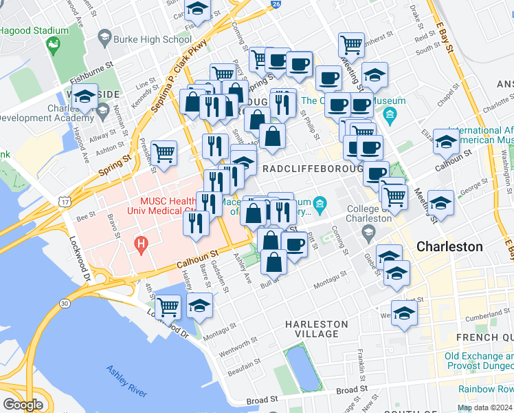 map of restaurants, bars, coffee shops, grocery stores, and more near 73 Vanderhorst Street in Charleston
