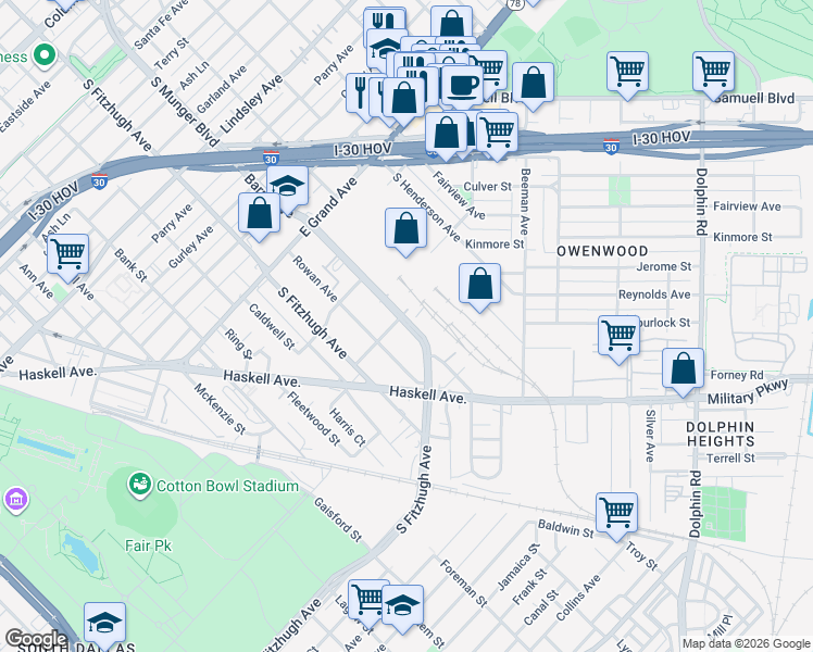 map of restaurants, bars, coffee shops, grocery stores, and more near 1525 Barry Avenue in Dallas