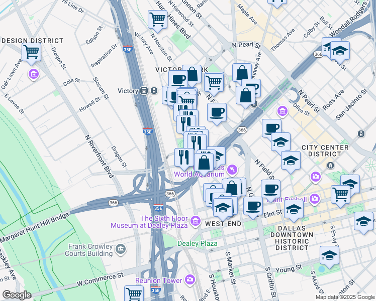 map of restaurants, bars, coffee shops, grocery stores, and more near 2401 North Houston Street in Dallas