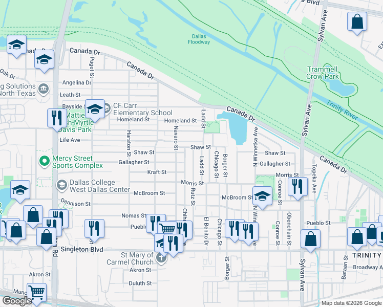 map of restaurants, bars, coffee shops, grocery stores, and more near 3525 Ladd Street in Dallas