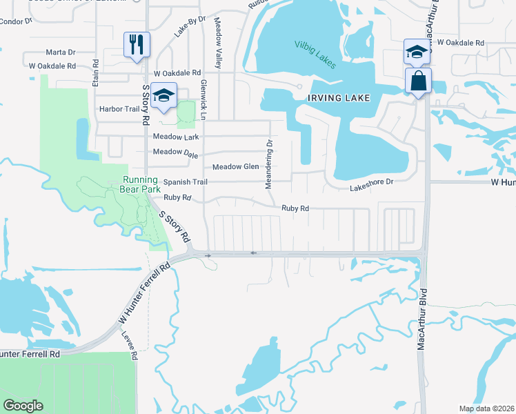 map of restaurants, bars, coffee shops, grocery stores, and more near 1948 Ruby Road in Irving