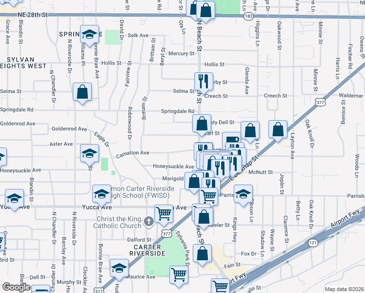 map of restaurants, bars, coffee shops, grocery stores, and more near 3817 Carnation Avenue in Fort Worth