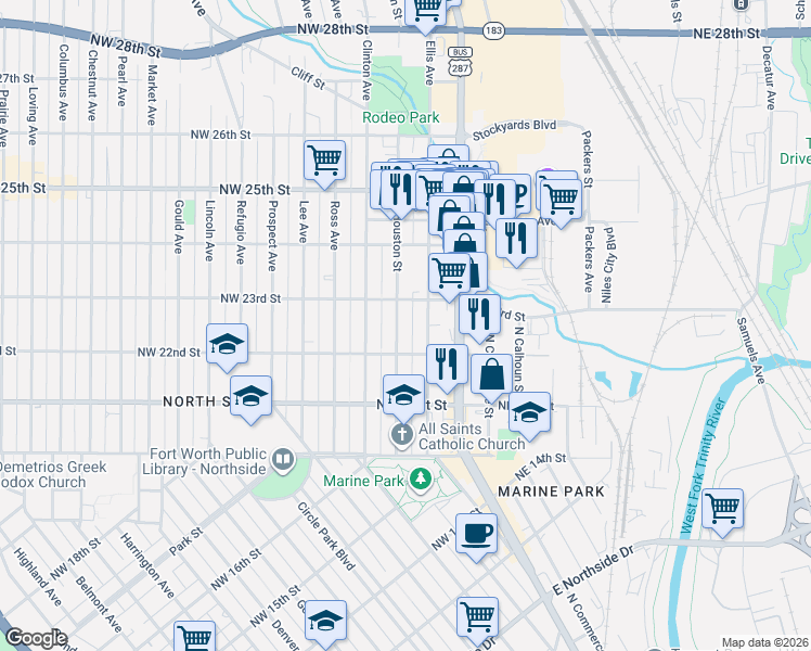 map of restaurants, bars, coffee shops, grocery stores, and more near 2214 North Houston Street in Fort Worth
