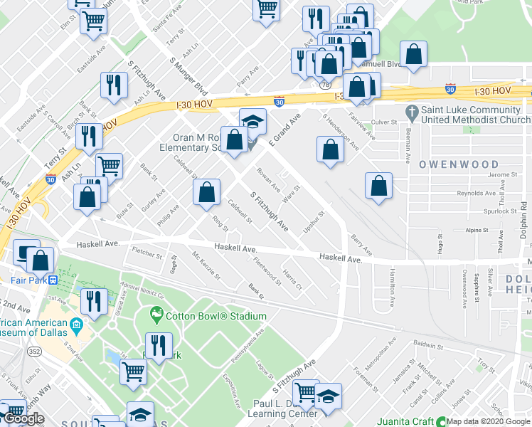 map of restaurants, bars, coffee shops, grocery stores, and more near 1331 South Fitzhugh Avenue in Dallas